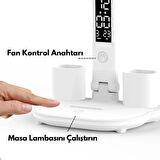 Monozone Fanlı Masa Lambası 7w Şajlı Saat Takvim Dereceli Masa Lambası Kalemlik ve Telefon Tutuculu 