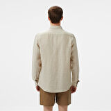 Nautica Erkek Bej Classic Fit Çizgili Keten Gömlek