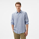 Nautica Erkek Mavi Classic Fit Çizgili Keten Gömlek