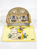 Ahşap Özel İsim Baskılı, Oval Kedi Köpek Mama Su Kabı Standı, Metal Suluk, Kedi Köpek Halısı