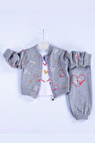 3-18 Ay Kız Bebek Takımı Kalp Hırkalı 3'lü Gri