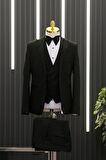 Slimfit (Skinny Kesim) Desenli Sivri Sabit Yaka Yelekli Papyonlu Smokin Takım Elbise
