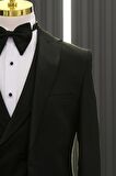 Slimfit (Skinny Kesim) Desenli Sivri Sabit Yaka Yelekli Papyonlu Smokin Takım Elbise
