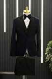 Slimfit (Skinny Kesim) Desenli Sivri Sabit Yaka Yelekli Papyonlu Smokin Takım Elbise