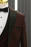 Slimfit (Skinny Kesim) Şal Desenli Sivri Sabit Yaka Yelekli Papyonlu Smokin Takım Elbise