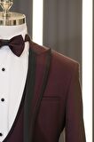 Slimfit Armürlü Kırlangıç Çıkmalı Yaka Yelekli Papyonlu Smokin Takım Elbise
