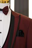 Slimfit Armürlü Kırlangıç Çıkmalı Yaka Yelekli Papyonlu Smokin Takım Elbise