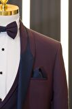 Regular Fit Armürlü Şal Yaka (Yaka Çıkmalı) Yelekli Papyonlu Smokin Takım Elbise