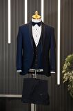 Slimfit Armürlü Şal Yaka (Yaka Çıkmalı) Yelekli Papyonlu Smokin Takım Elbise
