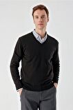 Slimfit V Yaka Düz Basic Model Pamuklu Erkek Uzun Kol Triko Kazak