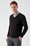 Slimfit V Yaka Düz Basic Model Pamuklu Erkek Uzun Kol Triko Kazak