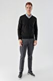 Slimfit V Yaka Düz Basic Model Pamuklu Erkek Uzun Kol Triko Kazak