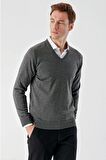 Slimfit V Yaka Düz Basic Model Pamuklu Erkek Uzun Kol Triko Kazak