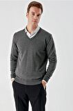 Slimfit V Yaka Düz Basic Model Pamuklu Erkek Uzun Kol Triko Kazak