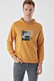 Slimfit Kapşonlu Önü Baskılı 2 İplik Erkek Sweatshirt