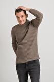 Slimfit Kendinden Çizgili Tam Balıkçı Pamuklu Kalın Triko Erkek Kazak
