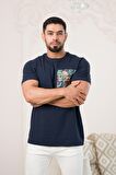 Bisiklet Yaka Önü Baskılı Pamuklu Likralı Basic Regular Fit T-shirt