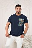Bisiklet Yaka Önü Baskılı Pamuklu Likralı Basic Regular Fit T-shirt