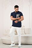 Bisiklet Yaka Önü Baskılı Pamuklu Likralı Basic Regular Fit T-shirt