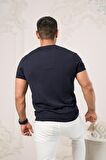 Bisiklet Yaka Desenli Modal Kumaş Likralı Regular Fit Triko T-shirt