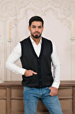 Woolen World Regular Fit Ön Cepli Kolsuz Bitik Desenli Triko Yelek