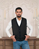 Woolen World Regular Fit Ön Cepli Desenli Kolsuz Erkek Triko Yelek
