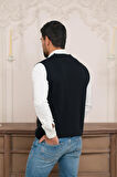 Woolen World Regular Fit Ön Cepli Desenli Kolsuz Erkek Triko Yelek