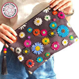 Uretti - Sümeyya 2589 4152 El Yapımı Etnik Papatya Desenli Boncuk İşlemeli - Siyah Püsküllü Clutch Çanta