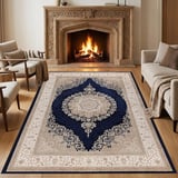 Klasik Madalyonlu Lacivert Krem Halı – Zarif Desenli, Şık ve Zamansız Tasarım Dijital Baskı Halı 6-7