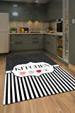 Stil Sahibi Mutfaklara Özel Çizgili ve İllüstrasyonlu Siyah Beyaz Kaymaz Taban Halı