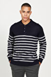 Standart Fit Normal Kesim Polo Yaka Çizgili Triko Kazak