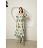 Babua Keten Kumaş Gipeli Kadın Elbise - Yeşil