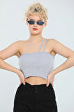 Kadın Likralı Tek Omuz Askılı Kaşkorse Crop Büstiyer Gri