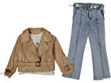 JEANS PANTOLONLU DERİ CEKETLİ 3'LÜ KIZ TAKIM