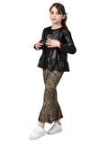 DERİ CEKETLİ LEOPAR PANTOLONLU 3'LÜ KIZ TAKIM