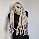 Ekru El Dokuması Atkı, Kilim Dokuması Tiftik Yünlü Atkı, Tasarım, Şık Kaşkol, Moli Tasarım