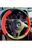 Fiat Doblo 2010 Ve Sonrası Uyumlu  Deri Direksiyon Kılıfı Iki Renkli Kırmızı-Siyah