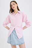 Oversize Geniş Kalıp Gömlek Yaka Çizgili Oxford Uzun Kollu Gömlek
