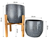 Ev Dekorasyon Aksesuar Gri Granit Toprak Saksı Saksılık Salon Çiçeklik İkili Set Ayaksız - 4 Ayaklı- 19 CM