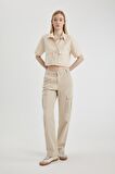 DeFacto Coool Oversize Geniş Kalıp Poplin Kısa Kollu Crop Gömlek C0739AX24SPBG360