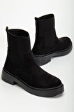 Kadın Kalın Taban Siyah Süet Elastik Yan Bantlı Günlük Bot  