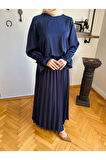 Piliseli Etek + Bluz Takım 5076 lacivert | FENDEL
