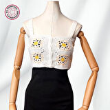 Uretti - Yıldız 7202 0063 El Örgüsü Yazlık Beyaz Kadın Büstiyer / Crop Bluz - 36/38/40 - Sarı