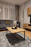 Ahşap Orta Sehpa 60x90 Modern Metal Ayak Siyah Tam Çerçeve Çam Desen Salon Ofis Balkon Sehpası