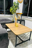 Ahşap Orta Sehpa 60x90 Modern Metal Ayak Siyah Tam Çerçeve Çam Desen Salon Ofis Balkon Sehpası