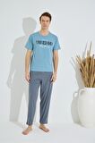 Erkek Mavi Bisiklet Yaka Kısa Kol Yuvarlak Yaka Cepli Yazlık Pamuklu Pijama Takımı