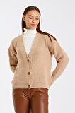Kadın V Yakalı Oversize Düğmeli Triko Hırka Bej