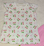 1-2-3-4 Yaş Kiraz Baskılı Tişört İspanyol Paçalı Likralı 2li Kız Çocuk Takımı Pembe