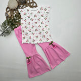 1-2-3-4 Yaş Kiraz Baskılı Tişört İspanyol Paçalı Likralı 2li Kız Çocuk Takımı Pembe