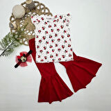 1-2-3-4 Yaş Mickey Baskılı Bandanalı Tişört İspanyol Paçalı Likralı 3lü Kız Çocuk Takımı Kırmızı